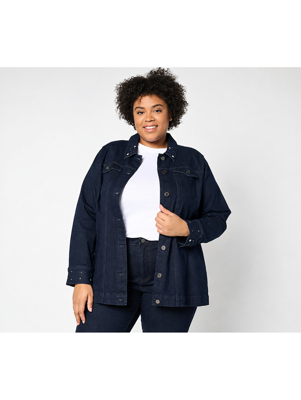 Susan Graver Denim Jacket with Embellished Collar & Cuff Dark Wash, Size 4X